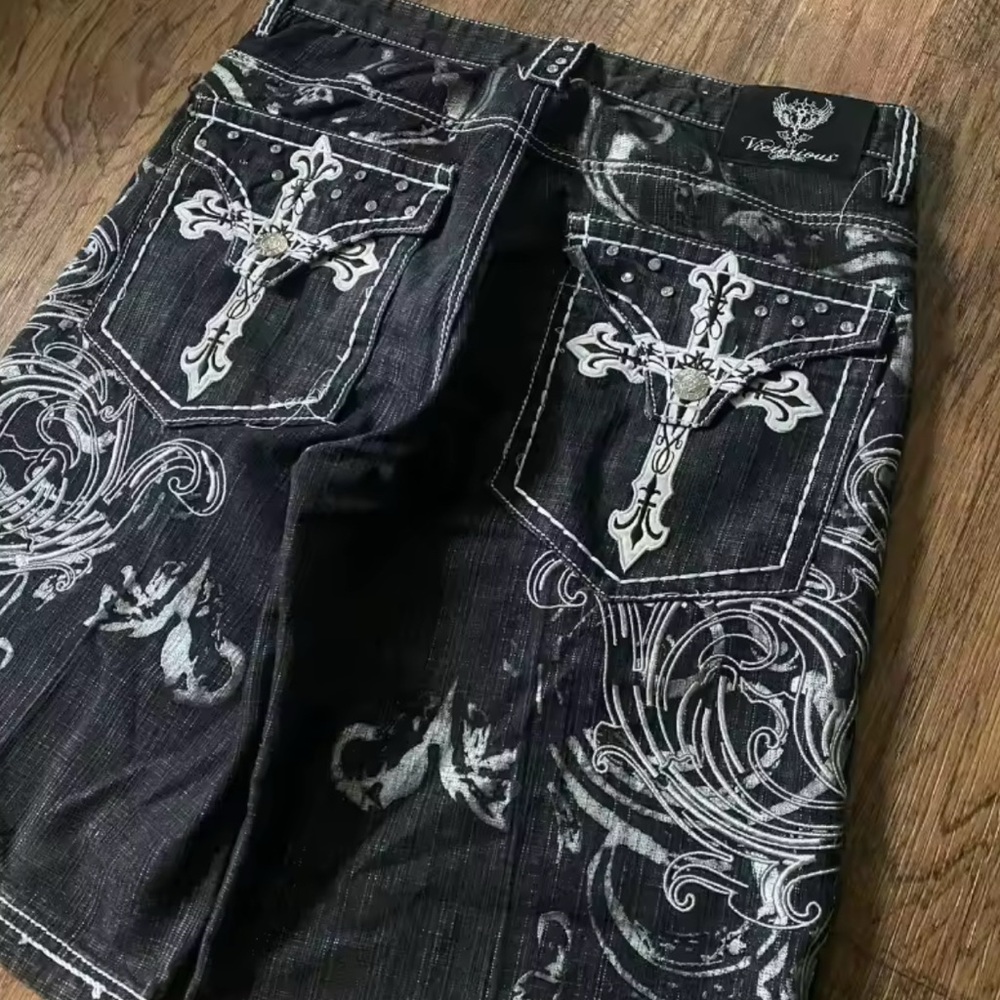 Men's Black Denim Shorts with Cross Design